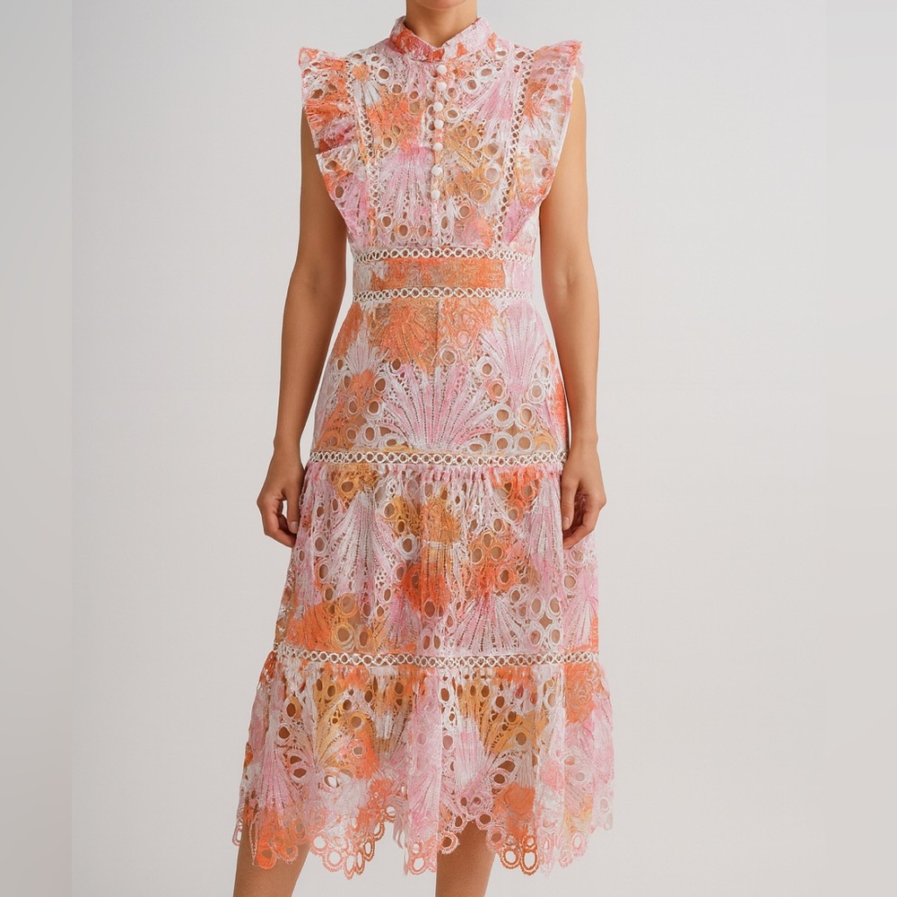 🆕 Dalia MacPhee Eyelet Embroidered Midi Dress Floral Ruffle Wedding Size Small
